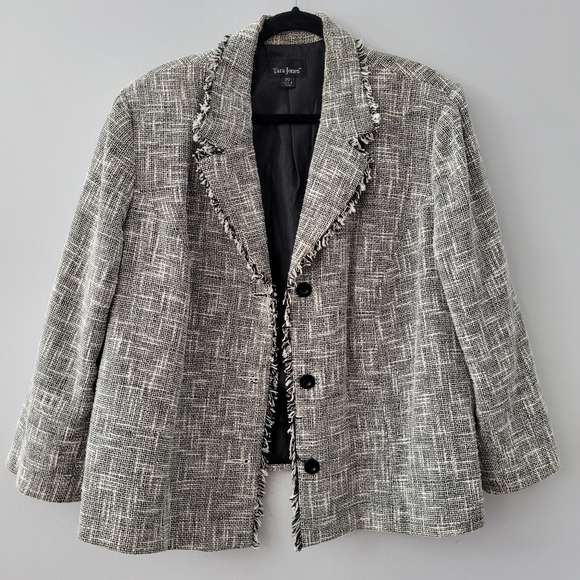 Grey Blazer Tweed Style Log Sleeve Fringed Lapel Cotton Size 20 - Picture 2 of 12